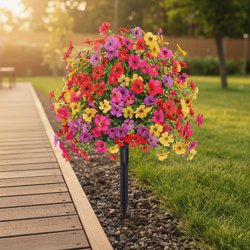 18 Inch Outdoor Faux Petunias Artificial Flowers with Ground Stake for Garden Decoration