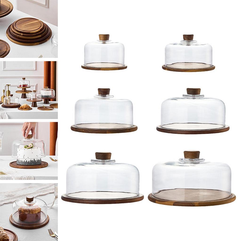 Cake Display Server Tablet Stand with Dome Plate Glass Dessert Wood Serving Shell for