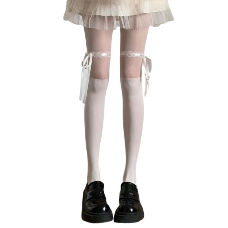 Women Pattern Patchwork Mock Knee High Socks Opaque Tights with Sweet Ribbon Bowknot See Through Pantyhose Leggings