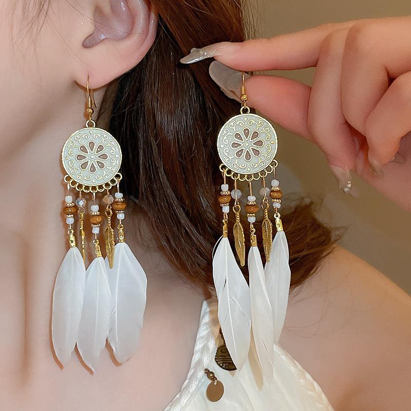 Bohemian Feather Seed Bead Tassel Earrings - Retro Ethnic Dangle Jewelry