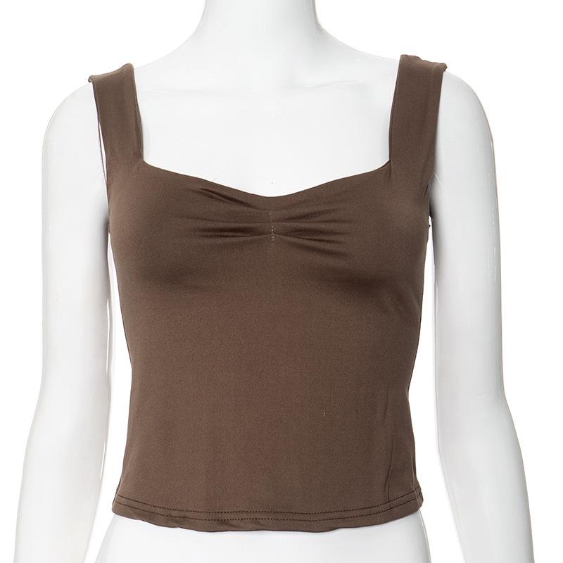 Dames T-shirt Lente Slim Fit Patchwork Cropped met Vierkante Hals en Lichte Plooitjes, Europese & Amerikaanse Stijl.