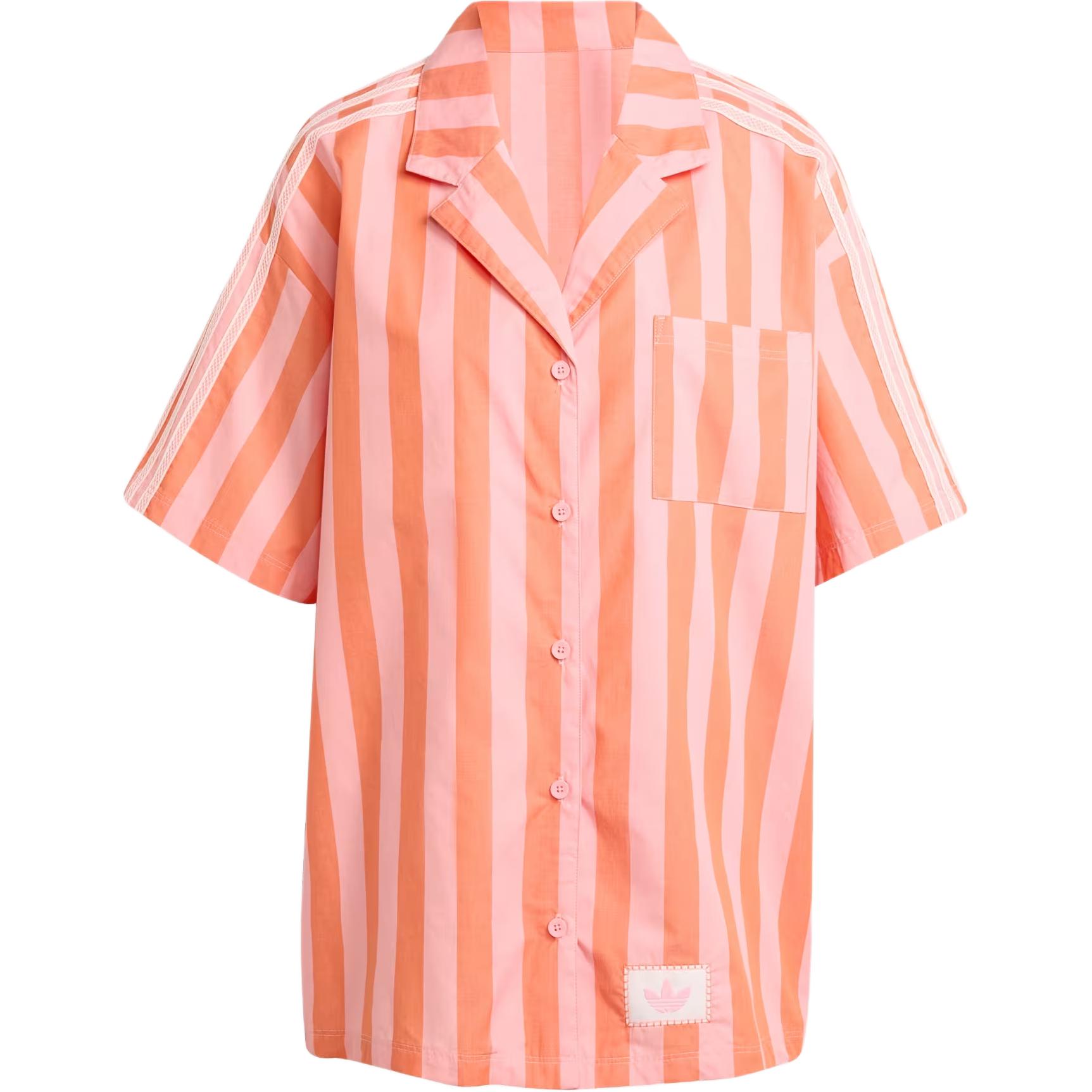 

Adidas Originals Color Block Striped Loose Fit Single-Breasted Short Sleeve Shirt Women shirts Pink Orange KC0745 XS