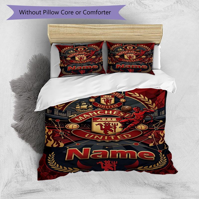3pcs Duvet Cover Set (1*Duvet Cover + 2*Pillowcase, Without Core), Custom Name Manchester UnitedPattern Bedding Set, Home Bedroom Decor Gift