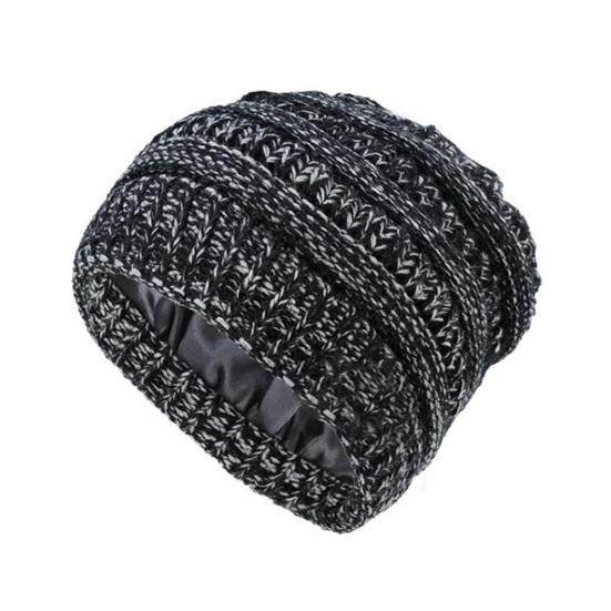 Yousheng Women Knitting Hat Solid Color Ear Protection Thickened Warm Satin Lining Pile Hat Winter Outdoor Riding Headgear