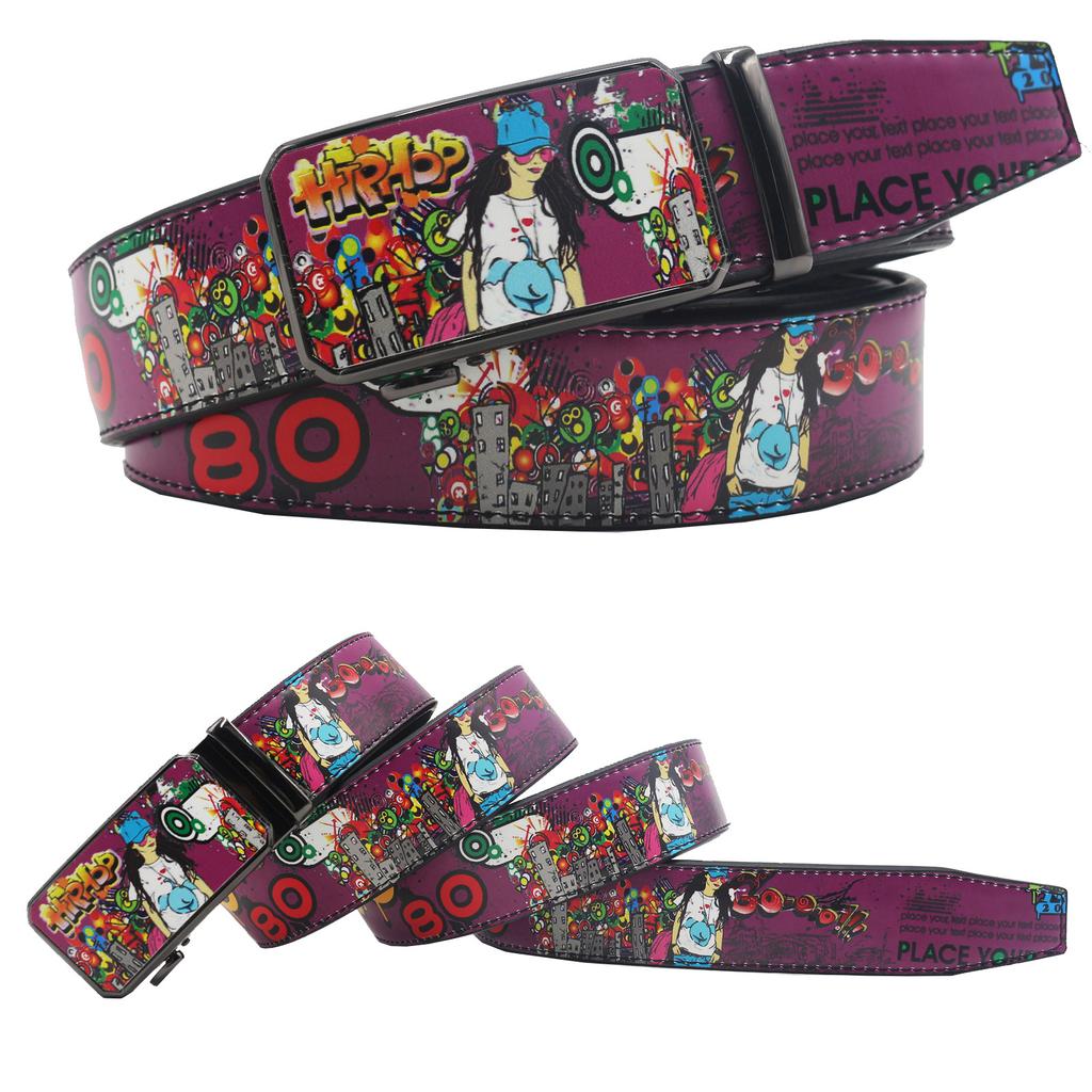 New Casual Automatic Buckle Printed Graffiti Casual Versatile Personalized Belt Belt European and American Versatile
