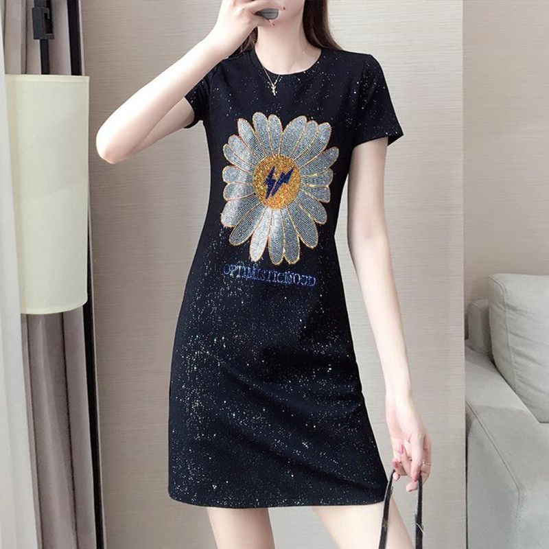 

Bronzing T-shirt Skirt Elegant Slim Looking Bright Silk Little Daisy Black M (40.00 kg-45.00 kg