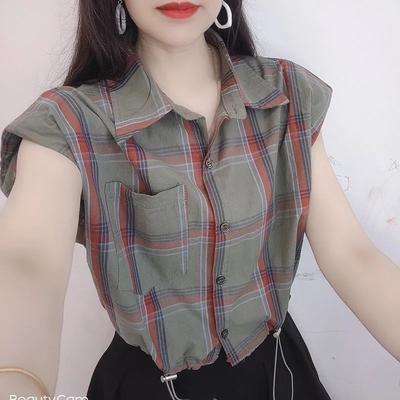 New All Match Sleeveless Checkered Shirt for Summer Slimming Loose Drawstring Casual Short, Casual Top for Women