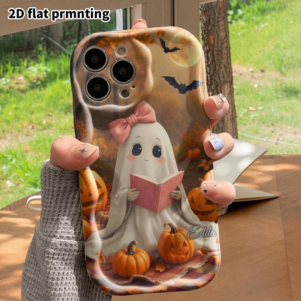 Phone Case: 2D Flat, Suitable for iPhone 18 17 16 15 14 13 12 Pro, Protective Case, Phone Decoration, Little Ghost Reading a Book, Halloween and Chris