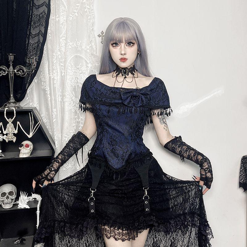 Gothic Patchwork Lace Fold Asymmetrischer Rock Dunkler hoch taillierter Rüschen A-Linien-Midirock Damenmode Streetwear