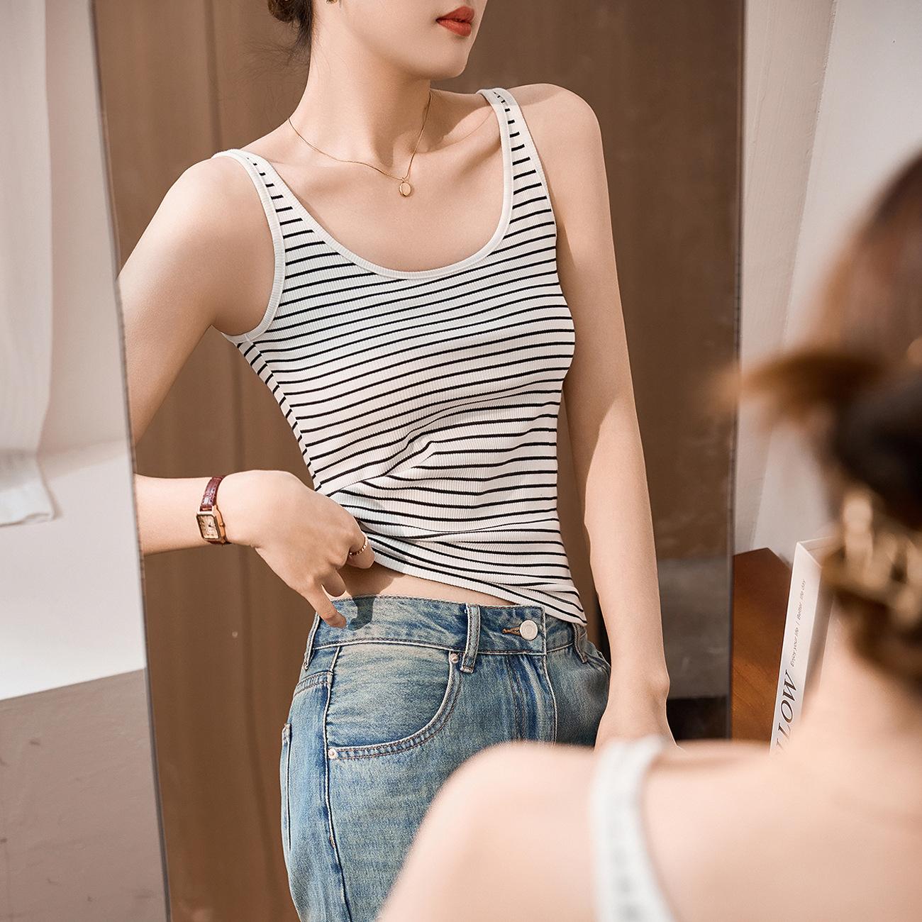 

260 г чистого хлопка полосатый жилет на подтяжках для женщин лето новый U-образный вырез Slim Fit и тонкий низ сверху M белый