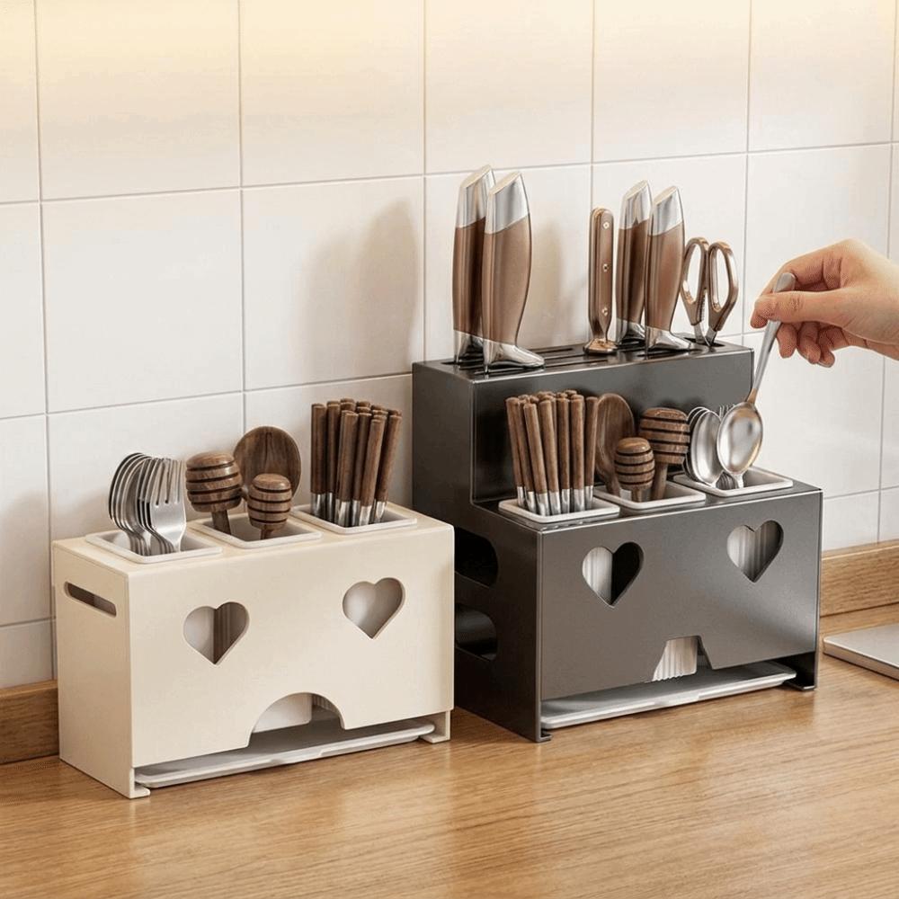 Carbon Steel Cutlery Holder Detachable Rust-proof Cutter Storage Rack with Drain Tray Large Capacity Spoon Fork Organizer