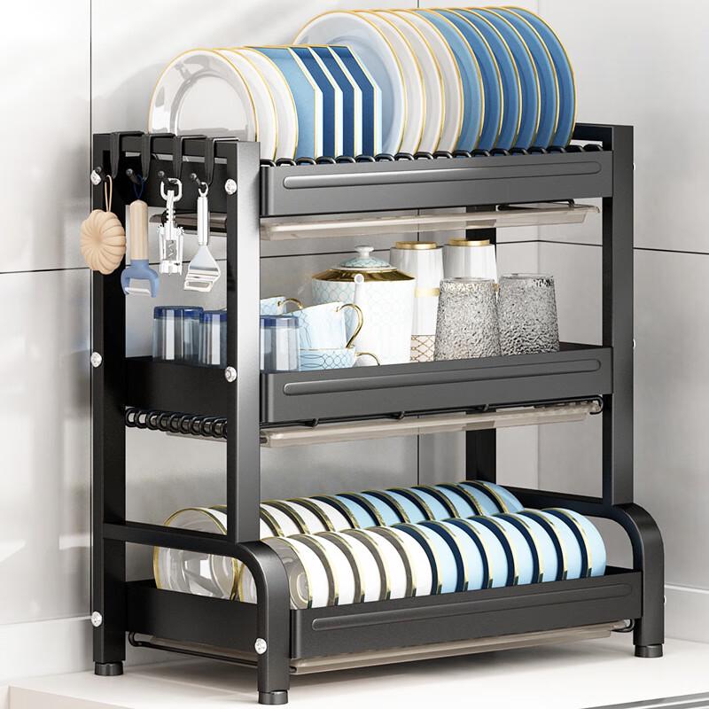 Three-Layer Black Countertop Dish Drainer Rack with Utensil Holders