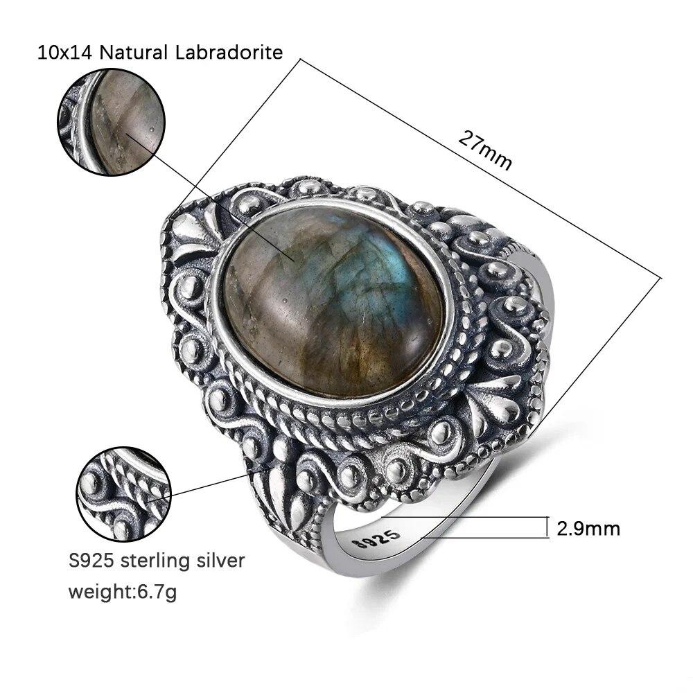 Ovaler natürlicher Labradorit-Ring für Damen und Herren, 925er Sterlingsilber-Ring, Fingerring, Retro-Edelstein-Ringe, Schmuck, Party-Geschenk
