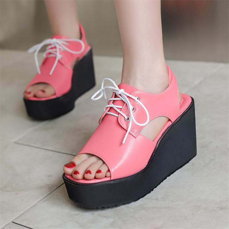 ANNYMOLI Women Sandals Round Toe Wedges High Heels Lace-up Platform Sexy Design Ladies Fashion Shoes Summer Pink Black 46 33 белый 3980₽