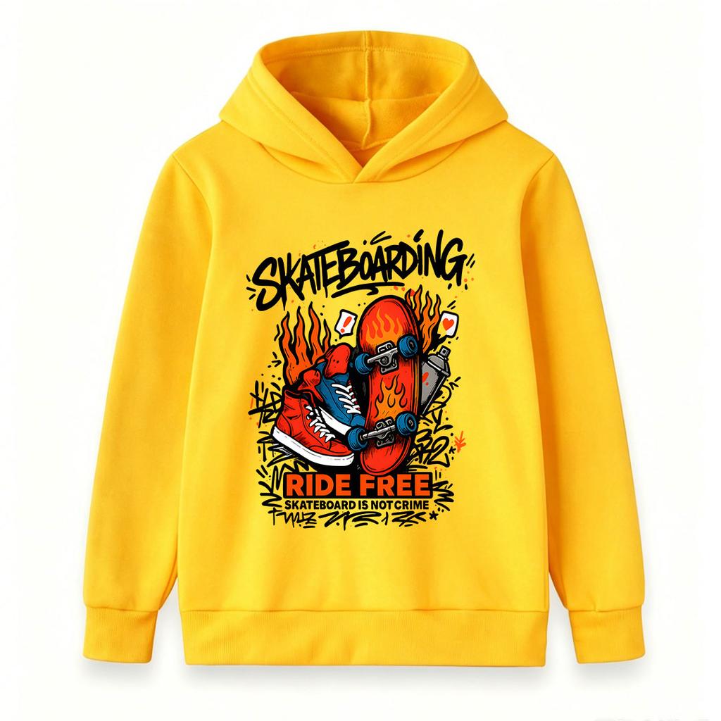 Kids Boys Girls Hooded Sweatshirt, Cool Graffiti Skateboarding Print Pullover, Casual Long Sleeve Ride Free Skate Pattern Hoodie for Teen Street Sport