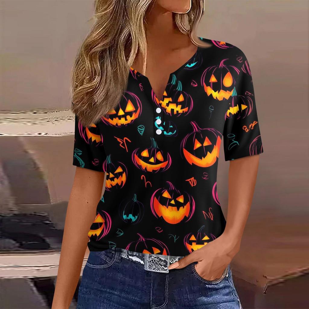 Women's T Shirt Tee Halloween Printed Button Short Sleeve Tunic Daily Weekend Fashion Basic V- Neck Regular Top