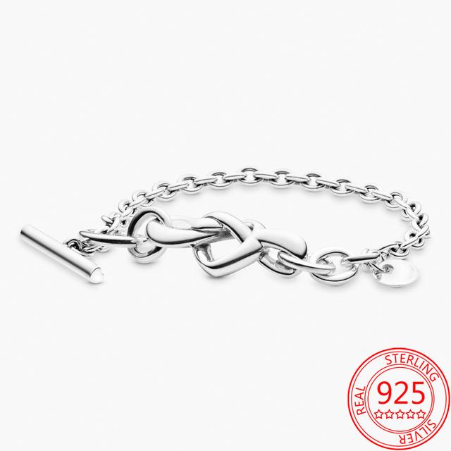 

Подлинный браслет из стерлингового серебра 925 пробы с бесконечным завязанным сердечком в форме буквы T, браслет-змея для свадебной вечеринки, для девушек, ювелирные украшения 21cm