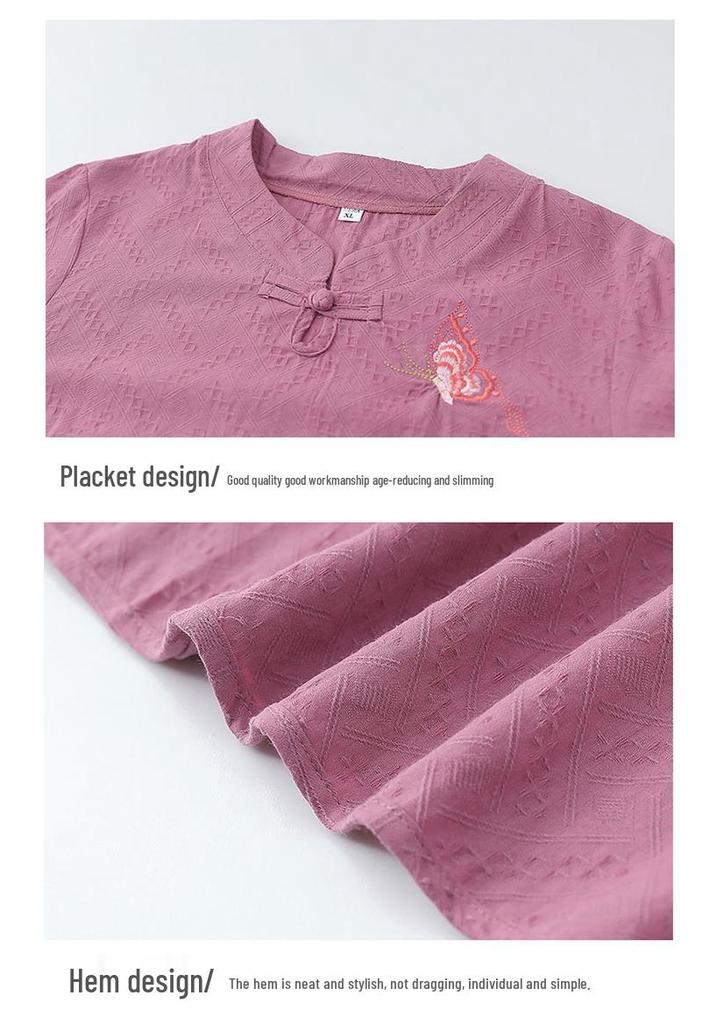 Grandma's Fashionable Cotton Linen Tang Suit Mid-Sleeve T-shirt for Elderly Women