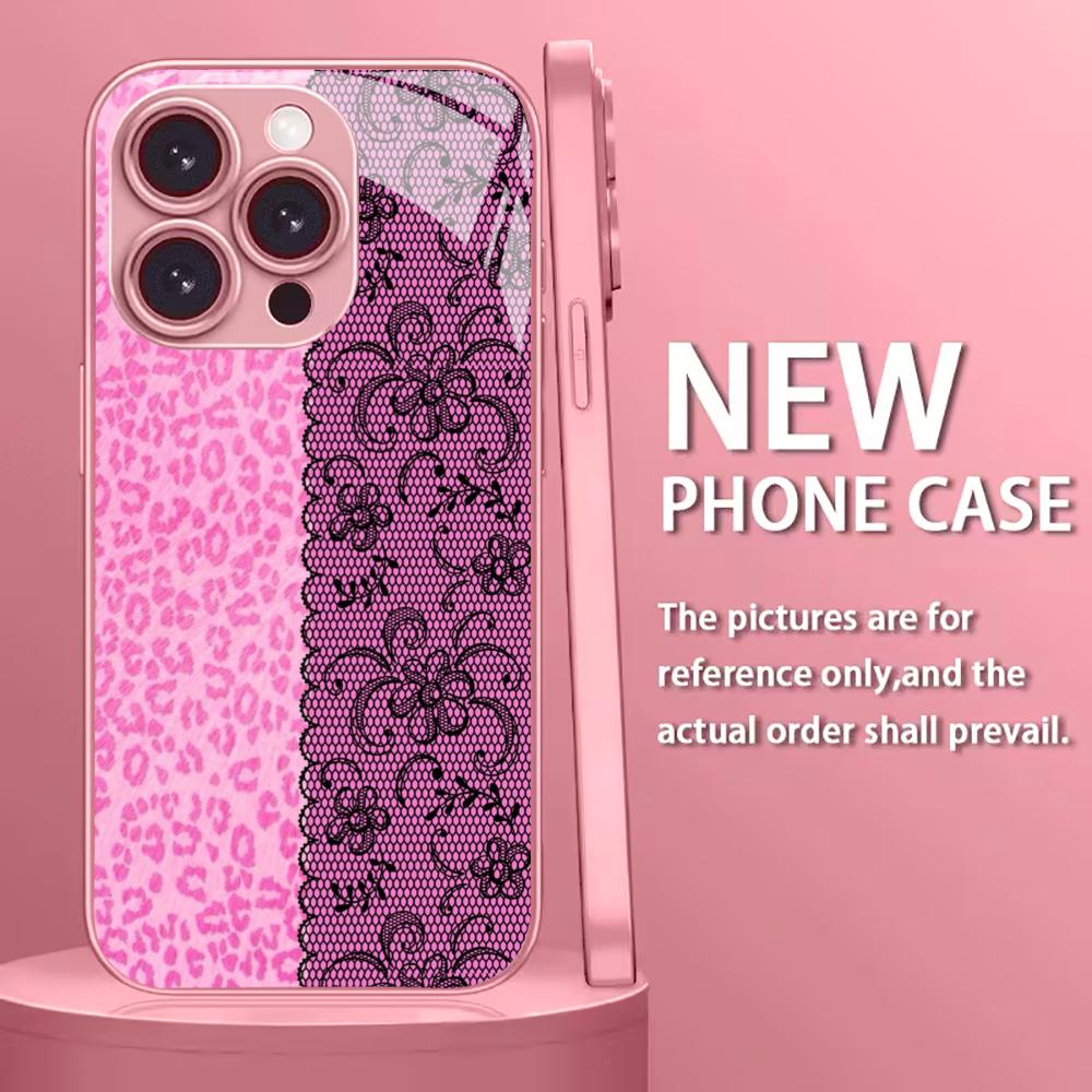 Luxury Pink Leopard & Lace phone case mobile phones for iphone 17 pro max cover Glass for iPhone 17 16 15 14 13 12 11pm Pro Plus