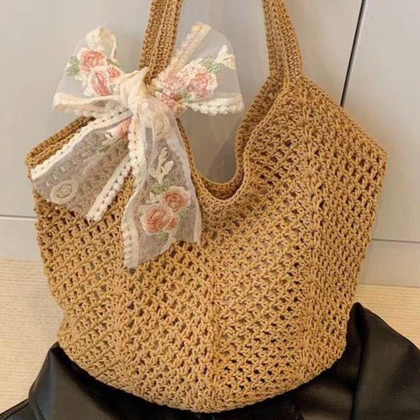 Women's Cotton Thread Knitted Shoulder Tote – Summer Large Capacity Floral Beach Bag