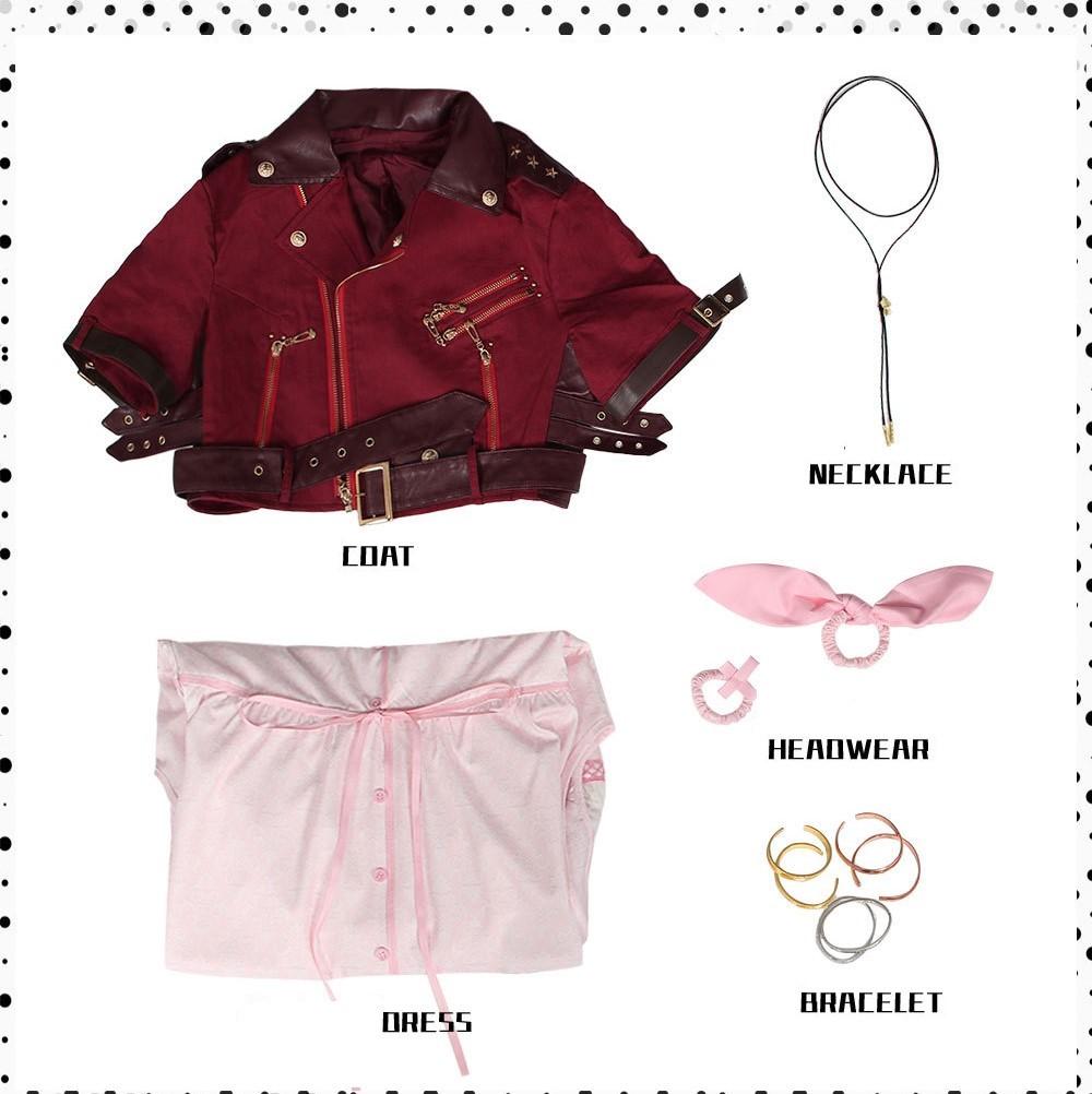 Fantasy VII Cosplay Spel FF7 Aerith Gainsborough Cosplay Kostuum Aerith Jas en Jurk Volledige Set Halloween Feest Outfits M