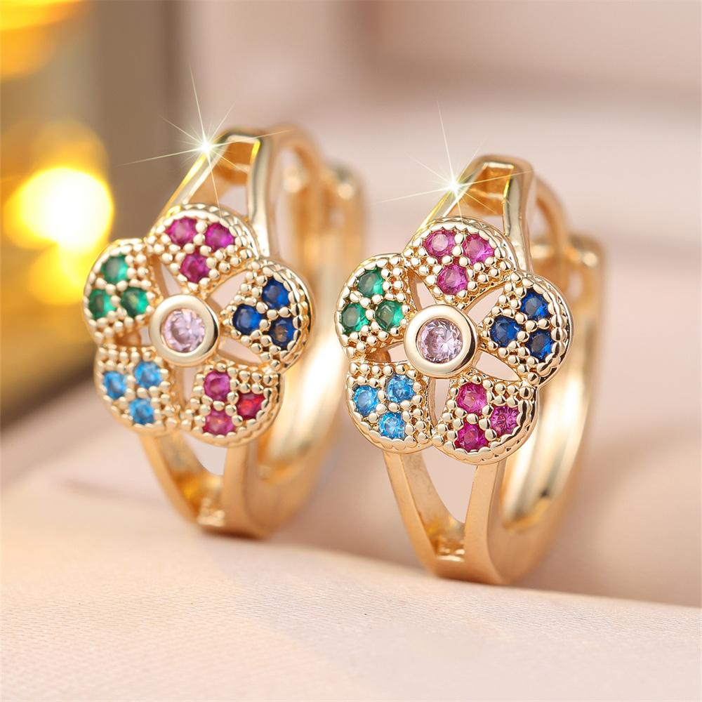 Trendy Rainbow Zircon Round Cute Flower Hoop Earrings For Women Vintage Gold Silver Color Ear Buckle Wedding Party Jewelry Gift