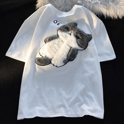 Sommer Cartoon Katze Damen T-Shirt Koreanisch Einfach Lässig Damen Kurzarm T-Shirt Spaß Süße Süße Y2K Tops