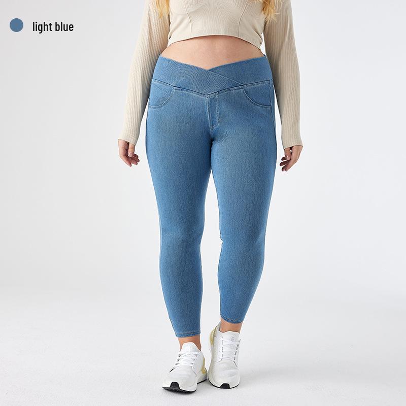 Women's High-Waist Cross-Waist Denim Skinny Jeans - Plus Size, Slimming Fit, Casual