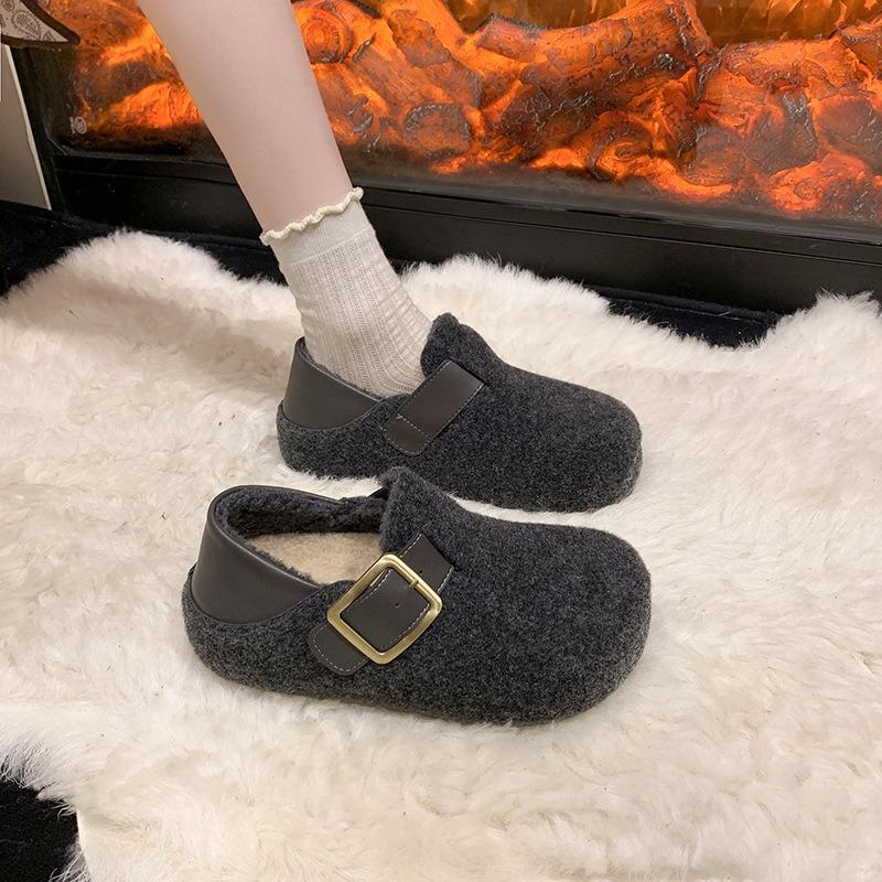 Women's Gray Winter New Woolen Inner Height Increase Cm Versatile Two Wear of Wool Shoes Plush Warm Shoes