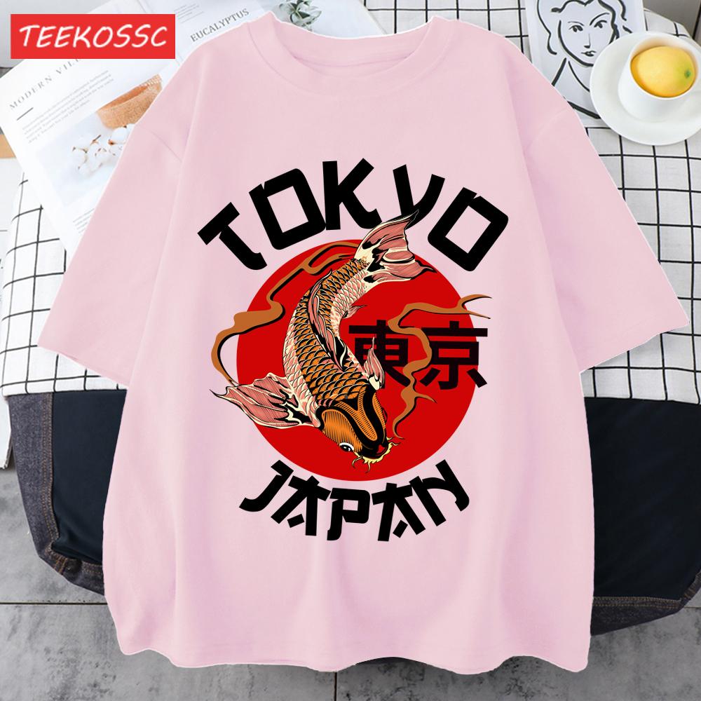 Harajuku Tokyo Japan Koi Fish Print Men T Shirts Hip Hop ONeck TShirt Soft Cotton Male Sportswear Casual Comfortable Clothes