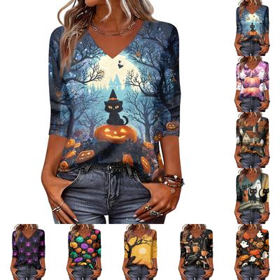 Womens Casual Halloween Print V Neck Three Quarter Sleeve Top Lightweight Soft Fabric Relaxed Fit Pullover Shirt