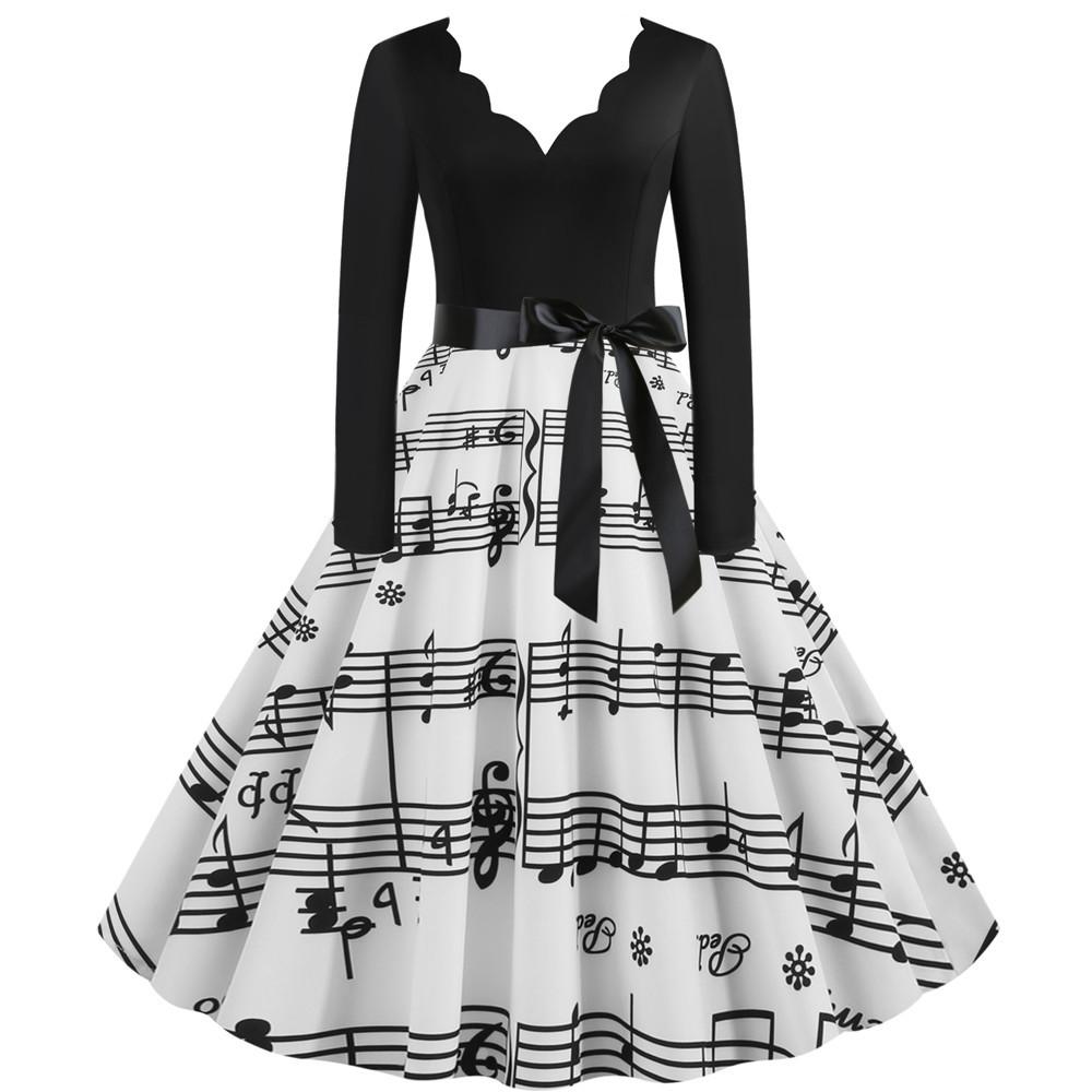 Women's Vintage Midi Dress Long Sleeve Printed Fit and Flare A Line Party Dress