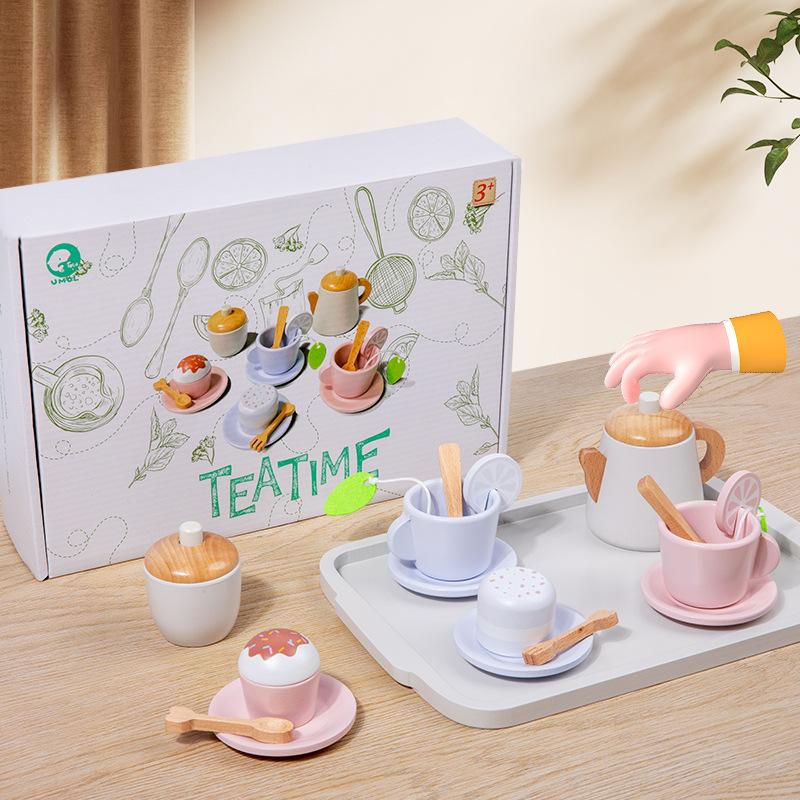 Wooden Children's Play House Tea Set Afternoon Tea Dessert Simulation Teapot Tableware Kitchen Boys and Girls Toys