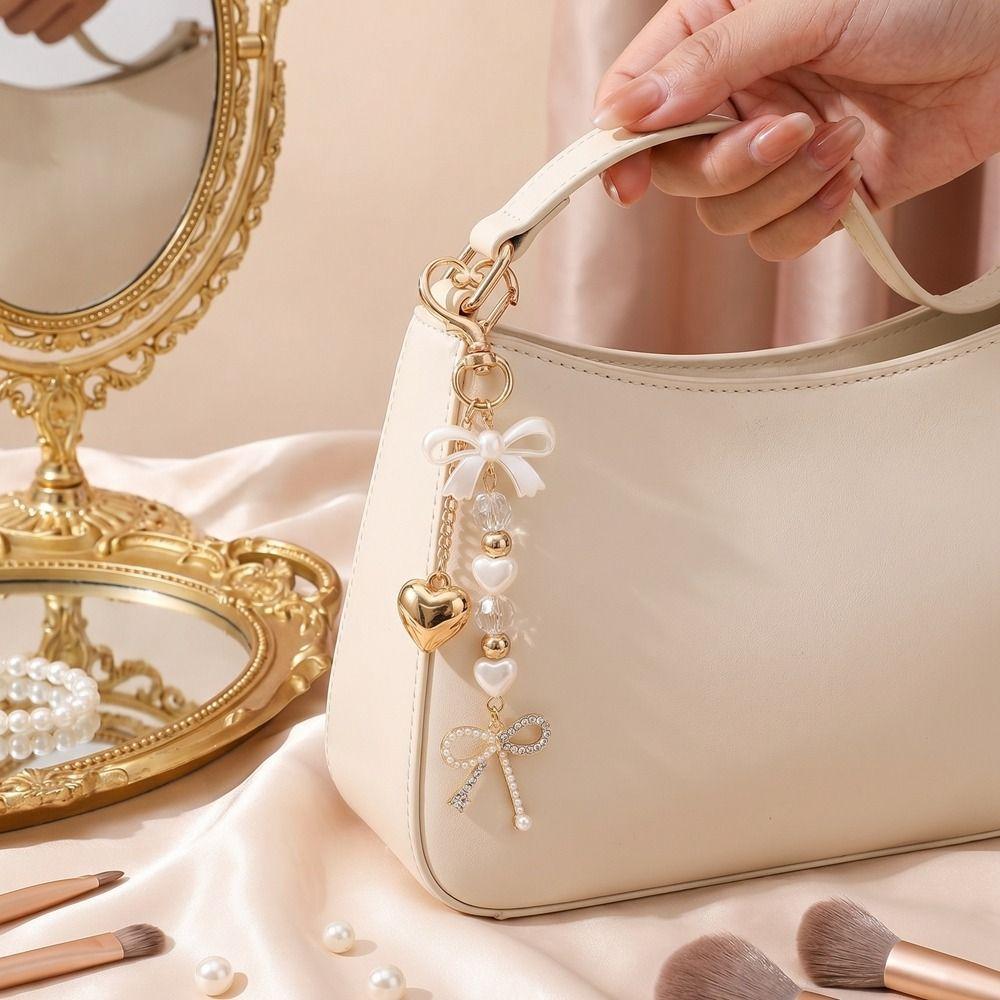 DIY Rhinestone Pendant Zinc Zinc Alloy Bag Charm Trendy Pearl Bow Keychain  Bag Ornament