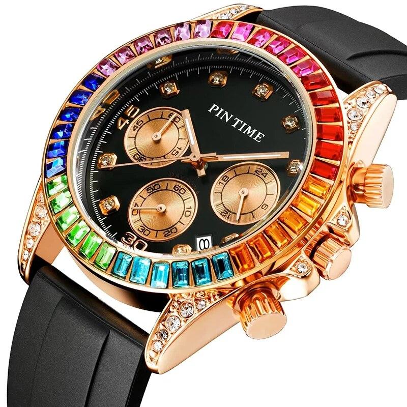 

PINTIME h Full Diamond Side Bezel Hip Hop Colorful Chronograph Silicone Watches Man Clock Male Wristwatch Luxury Men Quartz Watc