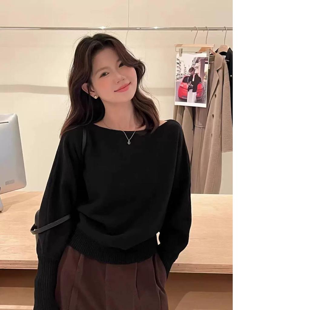 Pullover a maglia con maniche a pipistrello lunghe da donna 380g Spesso Scollo a barca Moda coreana Maglione Largo Casual Capo spalla per l'autunno Pull
