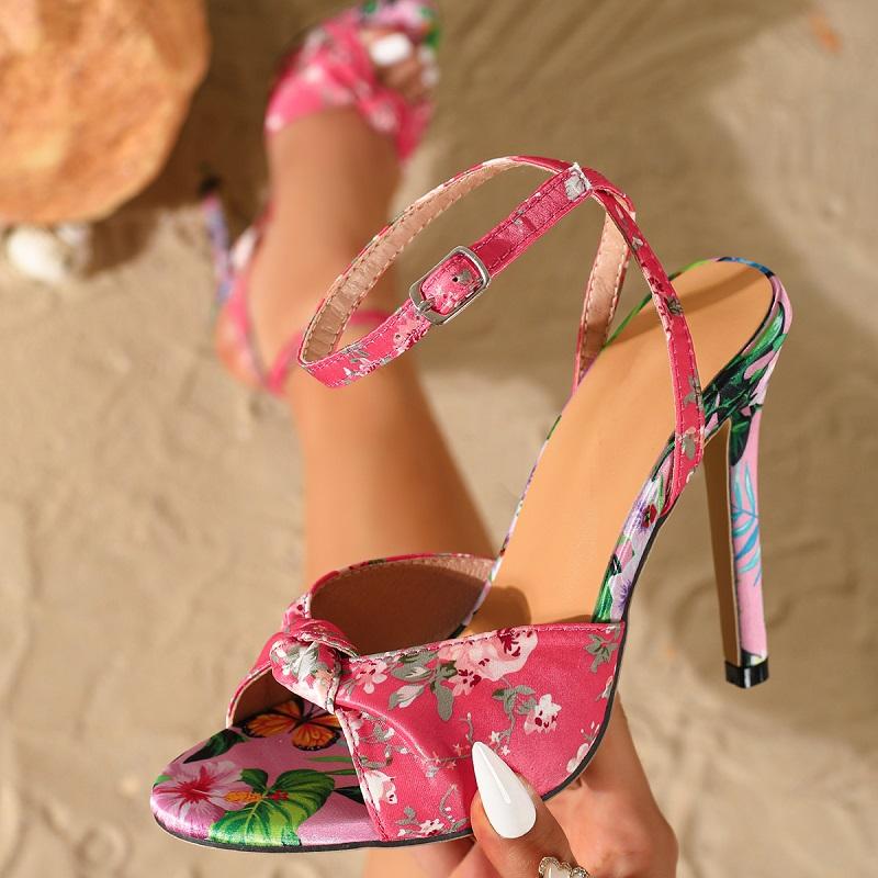 

Eilyken High Quality Fashion Printed Totem Satin Square Toe Women Sandals Summer Buckle Strap Thin Heels Banquet Shoes 35 рожевий