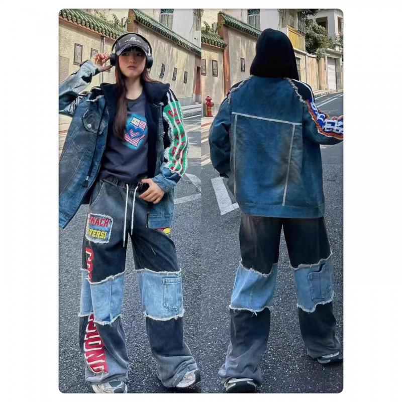 Womens Street Straight Leg Jeans Color Block Letter Print Casual Pants 2025 Fall