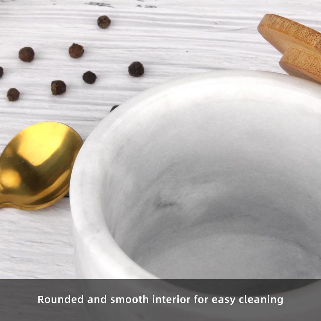 Marble Salt Cellar Box with Bamboo Lid & Metal Spoon, Modern Stone Salt or Pepper Sugar Spice Seasoning Bowl Container Jar Holder Well Keeper Dish