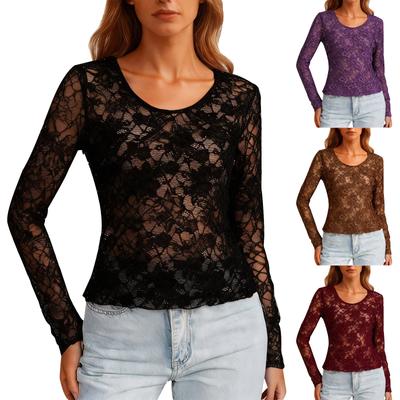 Dámské krajkové košile s dlouhým rukávem Trička Halenky Ležérní Základní Top Pulovr Jaro