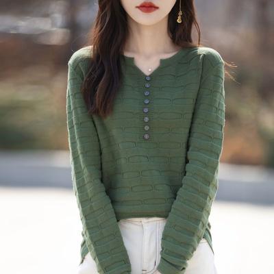 Long Sleeved T-shirt Base Knit Sweater Women's V-neck Pullover Sweater High-end Loose Top