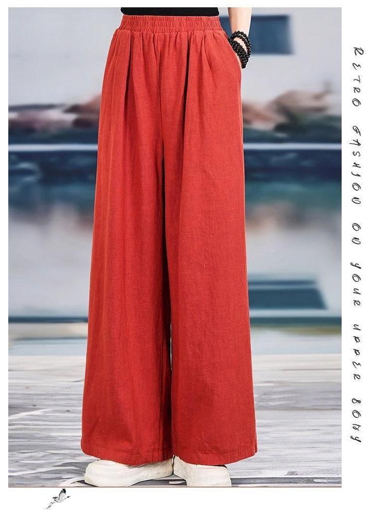 Women's Spring/Summer High-Waisted Wide-Leg Cotton Linen Pants