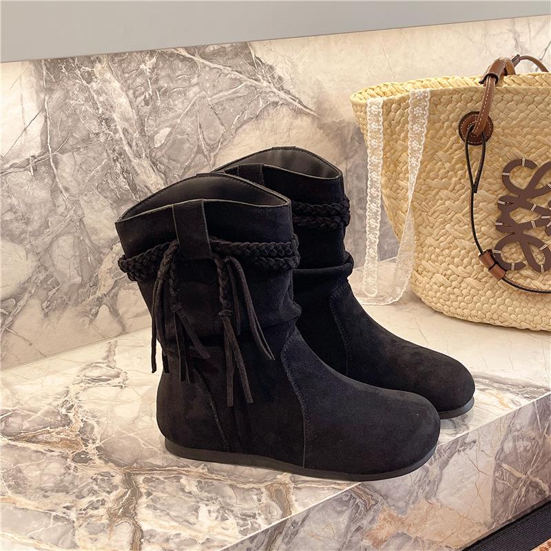 2025 thick-soled inner heightening boots retro style knight boots matte fringed hemp rope medium tube fashion boots stacking boots