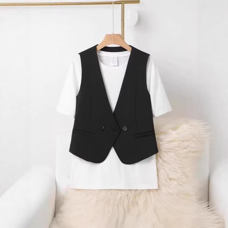 Women Brown V Neck Double Button Cropped Suit Vest Sleeveless Casual Waistcoat With Pockets
