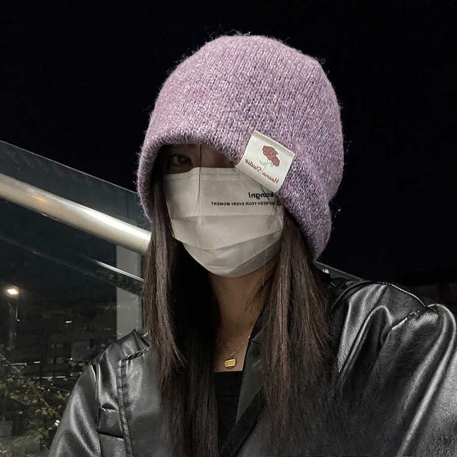 Autumn and Winter Hats for Women Solid Color Knitted Wool Hats Fashionable and Versatile Bag Head Hat Showing Face Small Warm Cold Hat