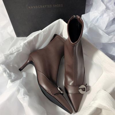 Korean Pointed Head Niche Foreign Style Thin Heel 2025 New Versatile Thin Boots Belt Buckle High Heel Rear Zipper Short Boots