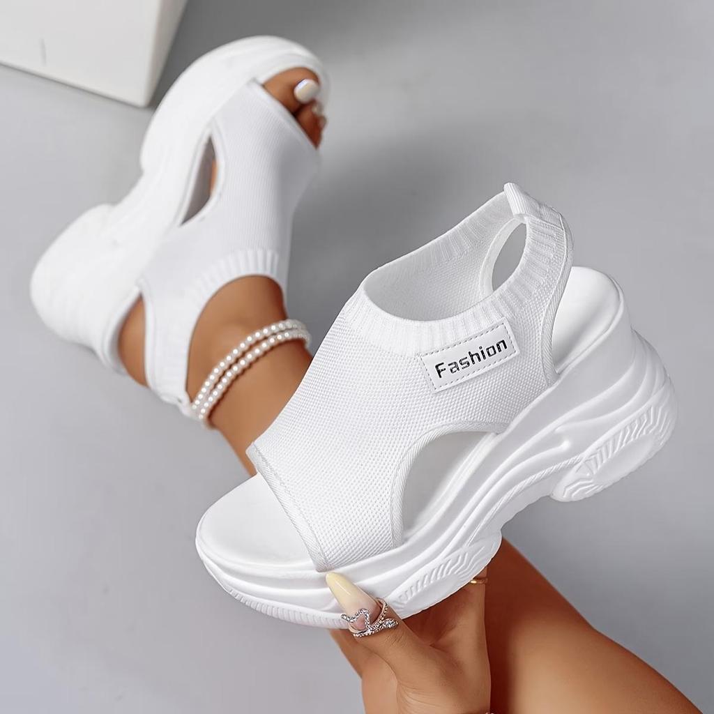 Women's Summer Casual Solid Color Wedge Sandals - Comfortable Mesh Breathable Knitted Upper, Platform Wedge Heel with Open-toe Design