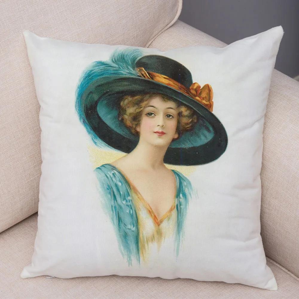 

Европейская наволочка на подушку Декор Винтажный стиль Элегантный женский принт Наволочка для дивана Дома Автомобиля Мягкая плюшевая наволочка 45x45см 40x40cm 16x16in