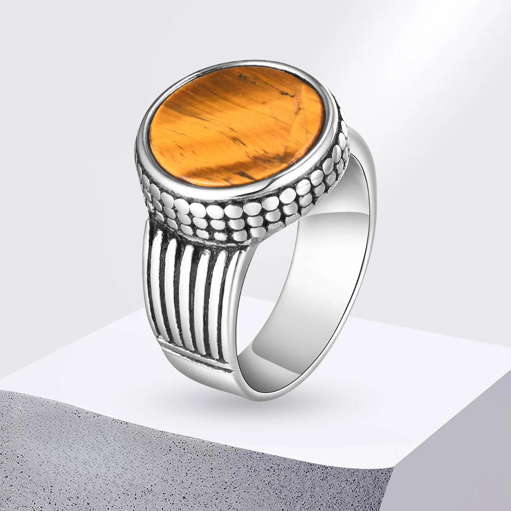 Tiger Eye Stone Round Top Finger Band for Men Boys Stainless Steel Signet Ring Chunky Male Punk Ring Jewelry