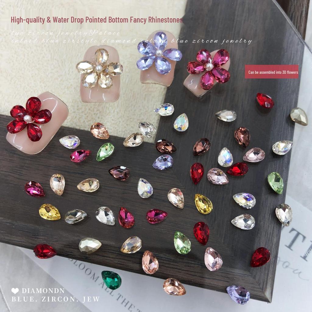 Champagne Pink Rhinestone Flower Nail Art Decorations: Sparkly, Colorful, Five-Petal Design with Pointed Back